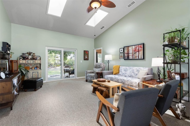 11 Roxboro Dr, Palm Coast, FL 32164 - living room featuring a skylight, carpet flooring, a ceiling fan, high vaulted ceiling, and baseboards