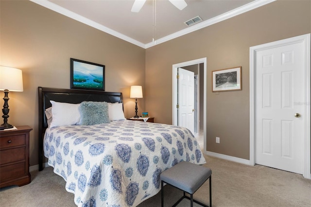 11 Roxboro Dr, Palm Coast, FL 32164 - bedroom featuring carpet, ornamental molding, baseboards, a ceiling fan, and connected bathroom