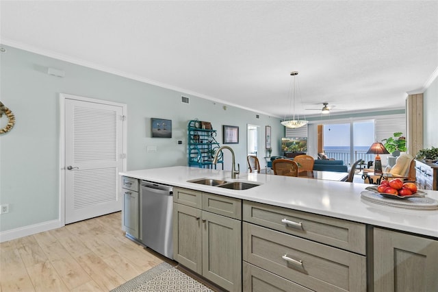 80 Surfview Dr Unit 721, Palm Coast, FL 32137 - kitchen featuring crown molding, stainless steel dishwasher, open floor plan, ceiling fan, and light countertops