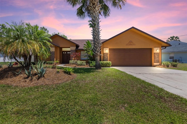 7 White Oak Ln, Palm Coast, FL 32164 - single story home with concrete driveway, stucco siding, an attached garage, a front yard, and central air condition unit