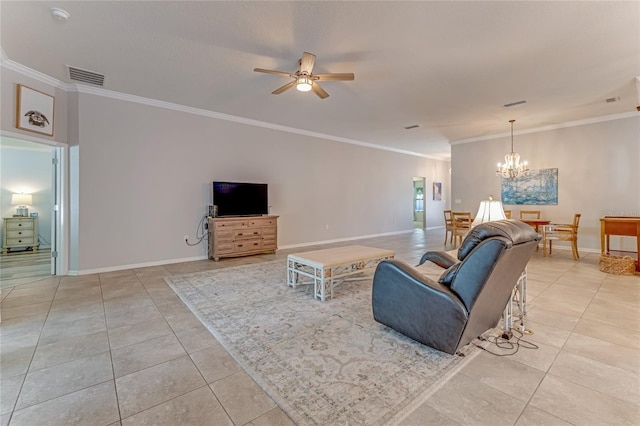 574 Seville Pkwy, Saint Augustine, FL 32086 - living area featuring a ceiling fan, light tile patterned flooring, a chandelier, ornamental molding, and baseboards