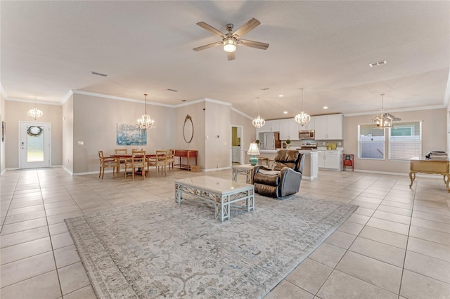574 Seville Pkwy, Saint Augustine, FL 32086 - living room with a chandelier, light tile patterned floors, baseboards, and ornamental molding