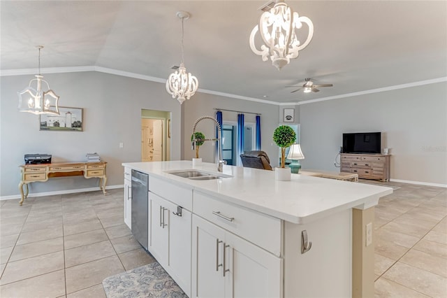 574 Seville Pkwy, Saint Augustine, FL 32086 - kitchen with a chandelier, a sink, light tile patterned flooring, stainless steel dishwasher, and a center island with sink