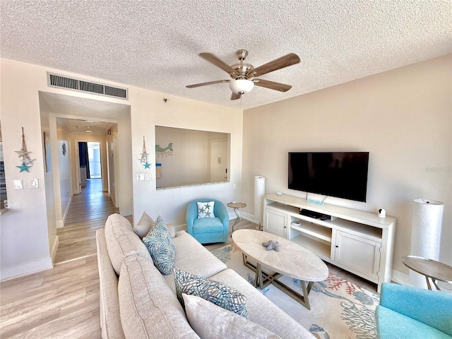 1601 N Central Ave Unit G10, Flagler Beach, FL 32136 - living area featuring light wood-style floors, a ceiling fan, baseboards, and a textured ceiling