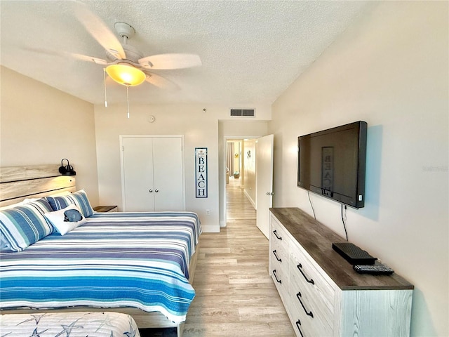 1601 N Central Ave Unit G10, Flagler Beach, FL 32136 - bedroom featuring light wood-style floors, a textured ceiling, and a ceiling fan