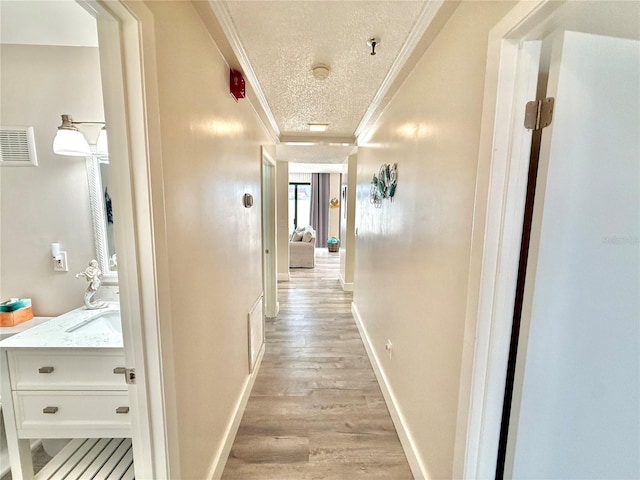 1601 N Central Ave Unit G10, Flagler Beach, FL 32136 - hall featuring crown molding, light wood-style floors, a textured ceiling, baseboards, and a sink