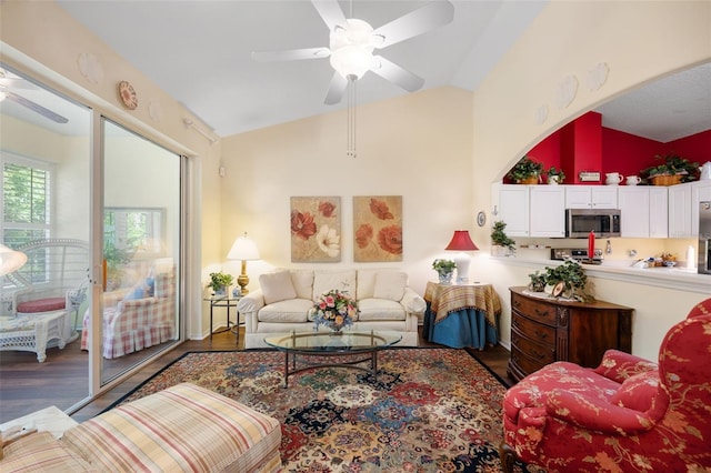 33 Veranda Way Unit 33, Palm Coast, FL 32137 - living area with a ceiling fan, lofted ceiling, and wood finished floors