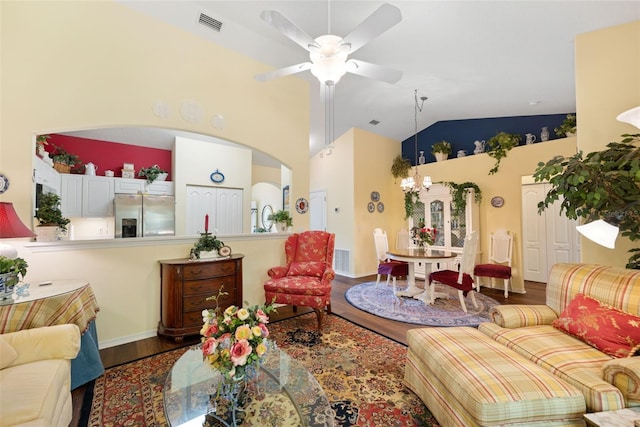 33 Veranda Way Unit 33, Palm Coast, FL 32137 - living area with high vaulted ceiling, wood finished floors, and a ceiling fan