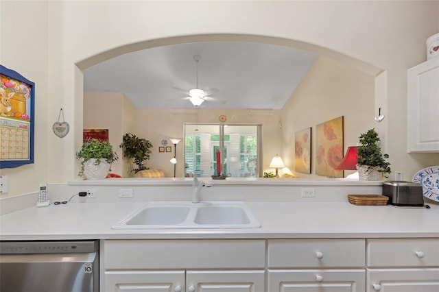 33 Veranda Way Unit 33, Palm Coast, FL 32137 - kitchen with dishwasher, arched walkways, a sink, a ceiling fan, and light countertops