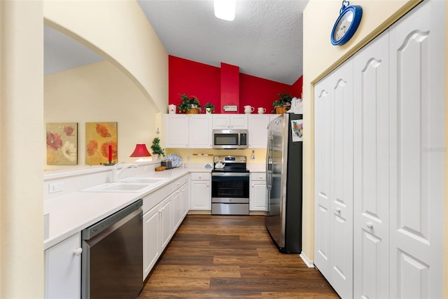 33 Veranda Way Unit 33, Palm Coast, FL 32137 - kitchen featuring appliances with stainless steel finishes, lofted ceiling, a sink, white cabinetry, and dark wood-style floors