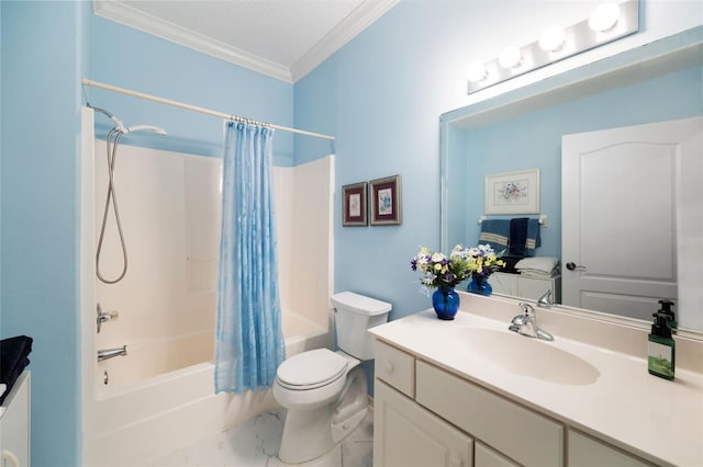 33 Veranda Way Unit 33, Palm Coast, FL 32137 - bathroom with ornamental molding, vanity, shower / bath combination with curtain, marble finish flooring, and toilet