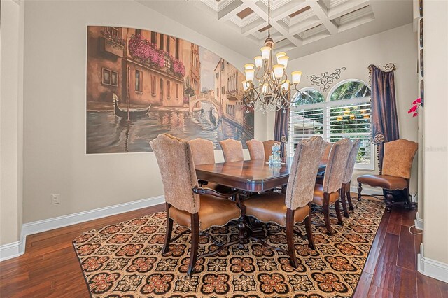 568 Luna Bella Ln, New Smyrna Beach, FL 32168 - dining space with wood-type flooring, coffered ceiling, a chandelier, baseboards, and beam ceiling