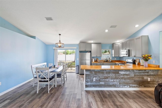 226 Pinegrove Dr, Palm Coast, FL 32164 - kitchen featuring stainless steel appliances, gray cabinets, vaulted ceiling, wood counters, and dark wood finished floors
