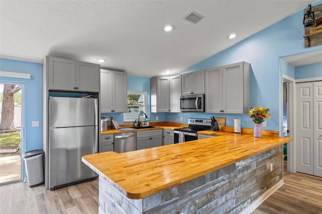 226 Pinegrove Dr, Palm Coast, FL 32164 - kitchen featuring stainless steel appliances, gray cabinetry, wood counters, a sink, and a peninsula