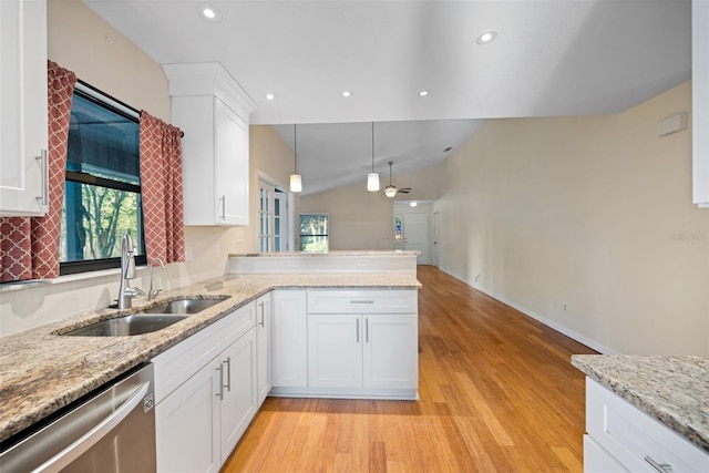 1317 Northside Dr, Ormond Beach, FL 32174 - kitchen featuring dishwasher, white cabinetry, light wood-type flooring, hanging light fixtures, and recessed lighting