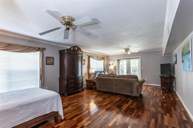 5009 Shore Dr, Saint Augustine, FL 32086 - bedroom featuring dark wood finished floors, a textured ceiling, access to outside, ornamental molding, and a ceiling fan