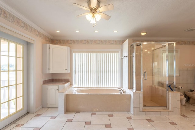 5009 Shore Dr, Saint Augustine, FL 32086 - bathroom with plenty of natural light, a garden tub, a stall shower, crown molding, and a bidet