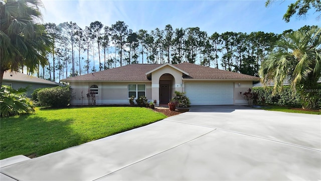 7 Wayman Pl, Palm Coast, FL 32164 - ranch-style home with an attached garage, driveway, stucco siding, and a front yard