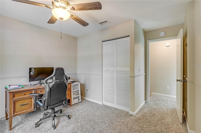 503 Kettering Way, Orange Park, FL 32073 - home office featuring carpet flooring, a textured ceiling, ceiling fan, and baseboards