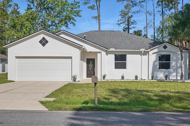 40 Pinetree Dr, Palm Coast, FL 32164 - single story home with concrete driveway, an attached garage, stucco siding, a front lawn, and roof with shingles