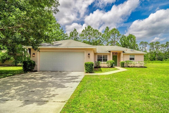 19 Utica Path, Palm Coast, FL 32164 - single story home with an attached garage, concrete driveway, stucco siding, and a front lawn