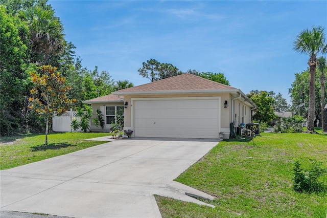 4 Contee Ct, Palm Coast, FL 32137 - ranch-style home with an attached garage, a front lawn, concrete driveway, and stucco siding
