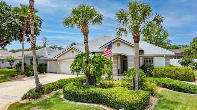 21 Webster Ln, Palm Coast, FL 32164 - view of front of house with stucco siding, an attached garage, driveway, and roof with shingles