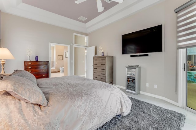 21 Webster Ln, Palm Coast, FL 32164 - bedroom with access to outside, tile patterned floors, a tray ceiling, and ceiling fan