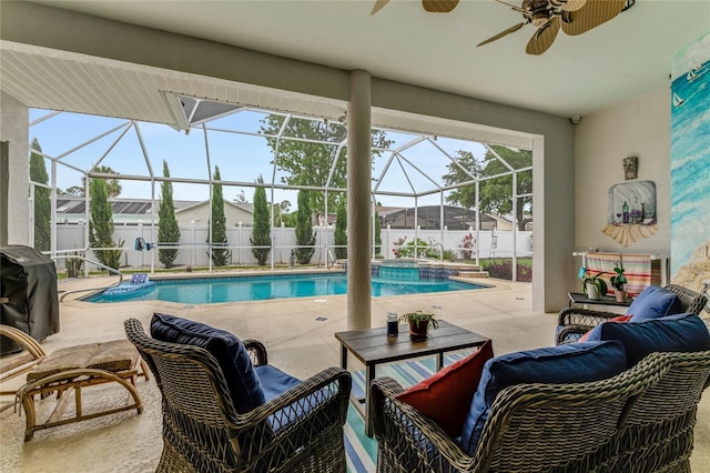 21 Webster Ln, Palm Coast, FL 32164 - view of swimming pool featuring a ceiling fan, a patio area, a fenced backyard, and outdoor lounge area