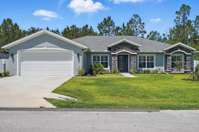 70 Esperanto Dr, Palm Coast, FL 32164 - ranch-style house featuring stone siding, a garage, concrete driveway, a front yard, and roof with shingles