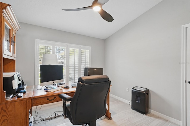 70 Esperanto Dr, Palm Coast, FL 32164 - office featuring a ceiling fan, lofted ceiling, and baseboards