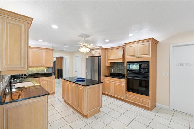 16 S Claymont Ct S, Palm Coast, FL 32137 - kitchen with black appliances, dark countertops, backsplash, custom exhaust hood, and recessed lighting