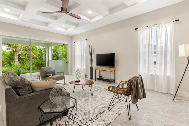 80 N Lakewalk Dr, Palm Coast, FL 32137 - living area with a ceiling fan, coffered ceiling, beamed ceiling, recessed lighting, and baseboards
