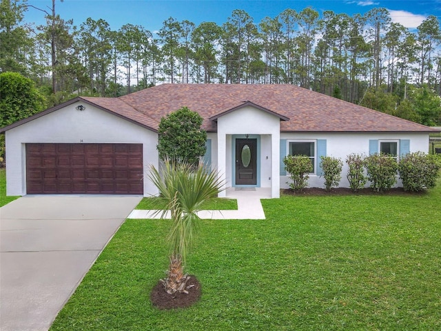 14 Zollinger Pl, Palm Coast, FL 32164 - single story home featuring roof with shingles, stucco siding, driveway, and a front lawn