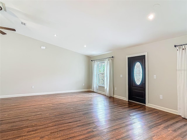 14 Zollinger Pl, Palm Coast, FL 32164 - entrance foyer with ceiling fan, dark wood-style flooring, baseboards, recessed lighting, and vaulted ceiling
