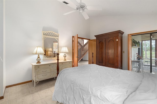 55 Village Cir, Palm Coast, FL 32164 - bedroom with access to exterior, baseboards, high vaulted ceiling, and ceiling fan