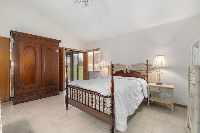 55 Village Cir, Palm Coast, FL 32164 - bedroom with vaulted ceiling, light tile patterned floors, access to exterior, and baseboards