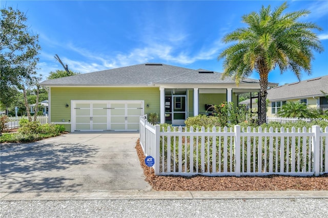 47 Hidden Treasure Dr, Palm Coast, FL 32137 - view of front of property with an attached garage, driveway, a fenced front yard, a porch, and a shingled roof
