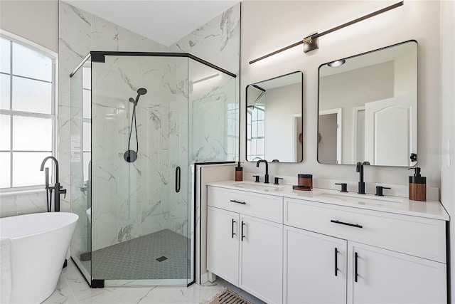 8 Zelda Ct, Palm Coast, FL 32164 - full bathroom with marble finish floors, a marble finish shower, a freestanding tub, and double vanity