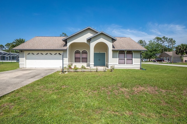 13 Point Of Woods Dr, Palm Coast, FL 32164 - ranch-style house featuring stucco siding, an attached garage, a front lawn, concrete driveway, and roof with shingles