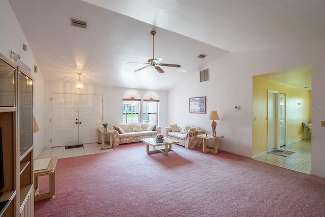 13 Point Of Woods Dr, Palm Coast, FL 32164 - living room featuring light carpet, a ceiling fan, light tile patterned flooring, and high vaulted ceiling