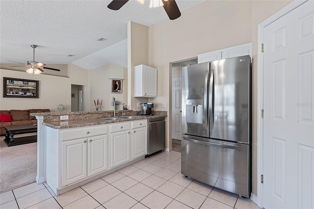 18 Royal Palm Ln, Palm Coast, FL 32164 - kitchen with appliances with stainless steel finishes, ceiling fan, a sink, vaulted ceiling, and a peninsula
