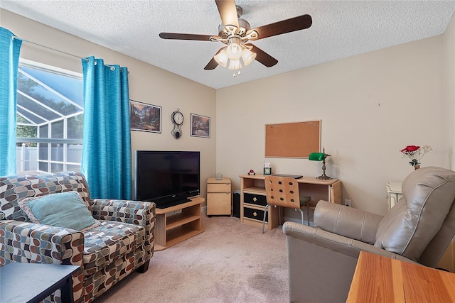 18 Royal Palm Ln, Palm Coast, FL 32164 - carpeted living room with a textured ceiling and ceiling fan