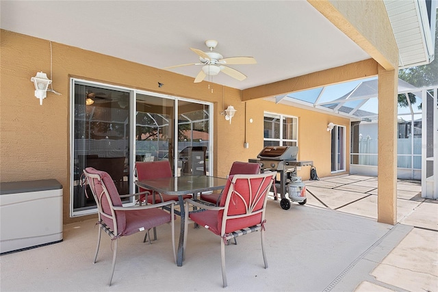 18 Royal Palm Ln, Palm Coast, FL 32164 - view of patio with ceiling fan, outdoor dining area, grilling area, and glass enclosure