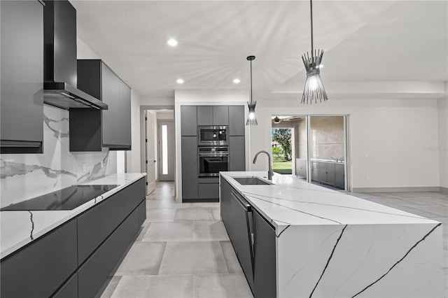 11 Ethan Allen Dr, Palm Coast, FL 32164 - kitchen featuring wall chimney exhaust hood, appliances with stainless steel finishes, modern cabinets, recessed lighting, and a center island with sink