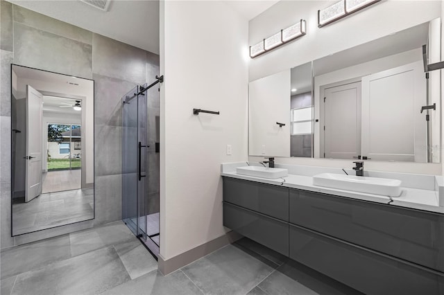 11 Ethan Allen Dr, Palm Coast, FL 32164 - full bathroom featuring double vanity, a stall shower, and ceiling fan