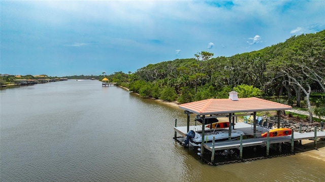 129 Front St, Palm Coast, FL 32137 - dock featuring a water view, boat lift, and a forest view