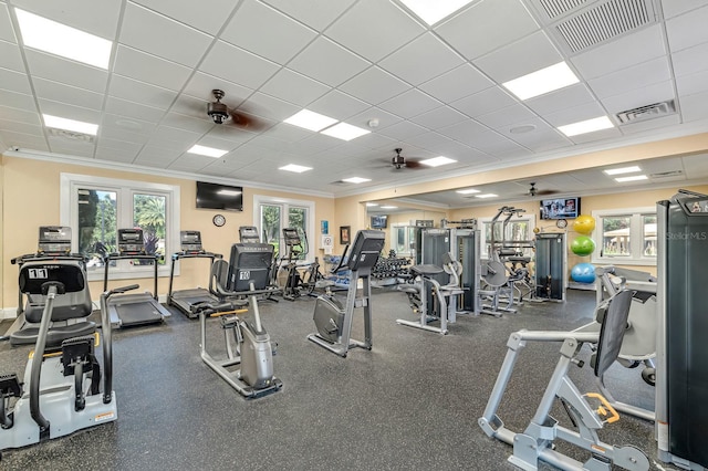 129 Front St, Palm Coast, FL 32137 - exercise room with a drop ceiling, crown molding, and ceiling fan