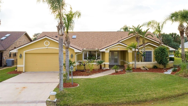 29 Cherrytree Ct, Palm Coast, FL 32137 - ranch-style house with stucco siding, french doors, driveway, and a garage