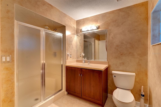 29 Cherrytree Ct, Palm Coast, FL 32137 - bathroom featuring vanity, a stall shower, toilet, tile patterned flooring, and a textured ceiling